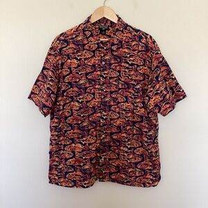 Polo Jeans Co. Ralph Lauren Mens Sz L Batik Fish Hawaiian Camp Shirt Navy Orange